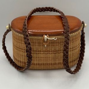 Basketville Nantucket Wicker and Leather Basket Weave Creel Style Purse